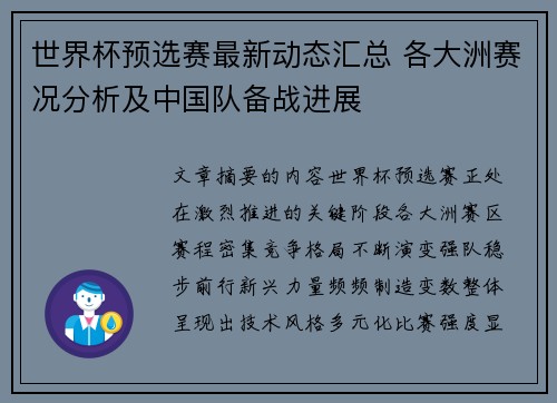 世界杯预选赛最新动态汇总 各大洲赛况分析及中国队备战进展