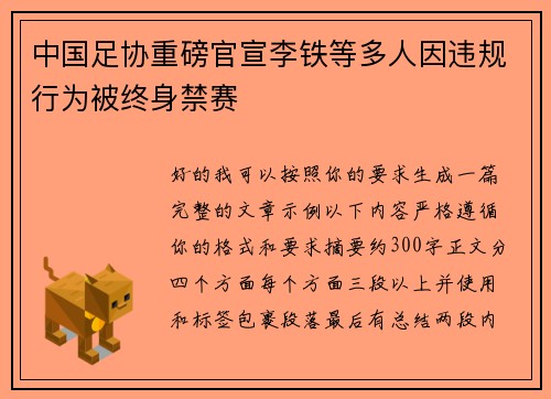 中国足协重磅官宣李铁等多人因违规行为被终身禁赛